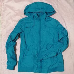 Teal Bomber Style Windbreaker with Ruched Sleeves and Packable Hood